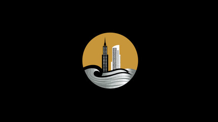 Obraz premium Modern cityscape and ocean waves graphic icon with tall buildings against a golden sun, abstract city skyline design