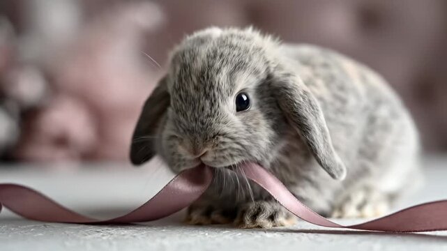 Adorable Bunny Rabbit Nibbling on a Pink Ribbon in a Soft Setting.