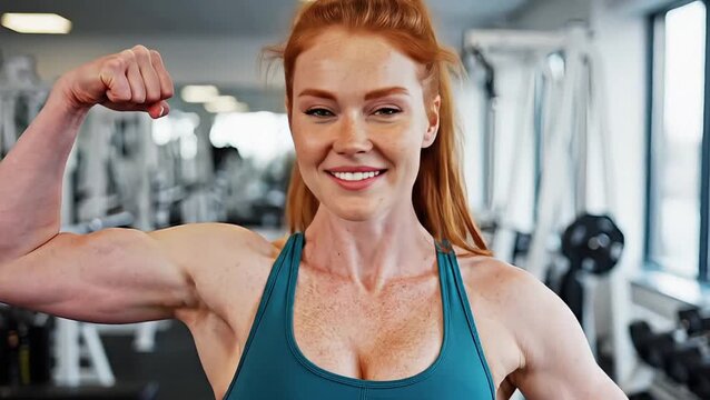 A fit redhead woman confidently flexes her muscular arm in a modern gym