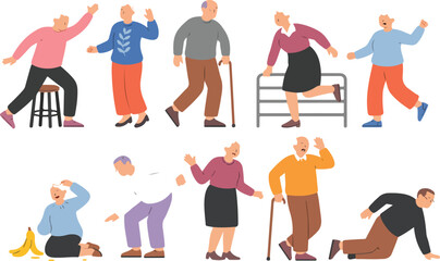 Elderly People Falling Vector Set with Senior Accident and Fall Prevention Situations Isolated Flat Illustration Collection