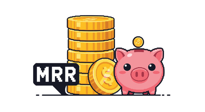 Cute piggy bank with stack of gold coins and MRR label, representing savings and financial growth