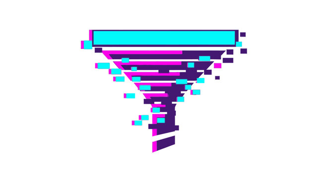 Abstract glitch funnel shape with digital noise and distorted lines on white background, futuristic concept