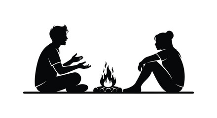 A couple sits by a glowing campfire engaged in conversation depicted in a striking black silhouette high quality professional detailed modern © FAM