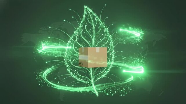 Green leaf energy flow and supply chain box network symbolizing net zero eco friendly package with sustainable logistics on world map background