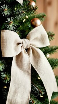 Elegant burlap bow adorns a Christmas tree with warm-toned ornaments creating a cozy and rustic holiday atmosphere perfect for festive marketing and seasonal design projects