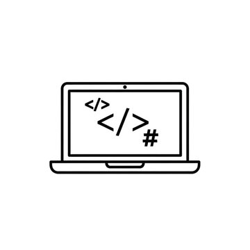 Line art icon of a laptop displaying programming code symbols, representing software development and coding on a digital screen.