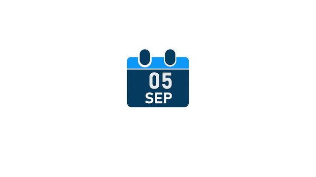 A simple flat of a calendar showing the date September fifth, with a blue header and a dark blue display of white numbers and red month text on a white background