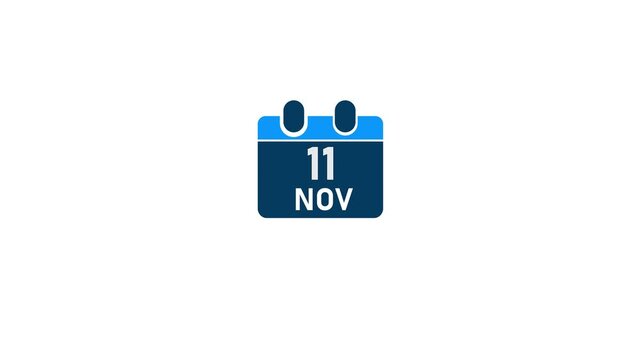 A clean flat calendar showing the date eleven November with a blue header and dark blue body presented on a simple white background. Keywords: calendar, date, November, 11, eleven, symbol