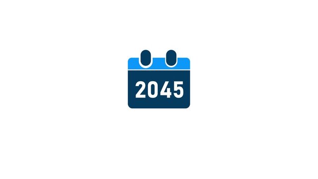 A straightforward flat of a dark blue calendar page showing the year 2045 in a deep red font, with a bright blue header and two dark blue rings at the set against a white background