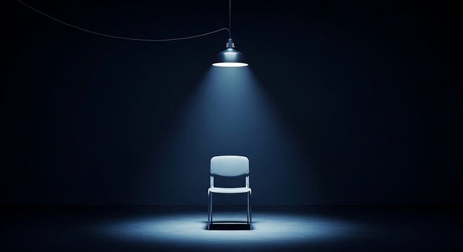 Empty chair illuminated by single overhead light in dark room setting