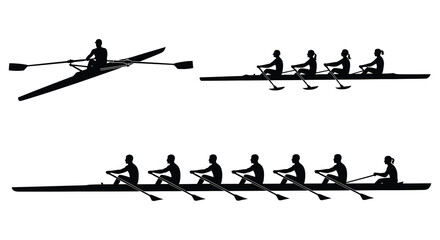 A striking depiction of rowing teams in action presented as a bold black silhouette high quality professional detailed modern elegant stylish © FAM