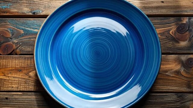 A vibrant blue ceramic plate with a spiral design, set against a rustic wooden background.