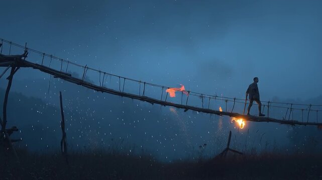 Explorer with torch on misty bridge