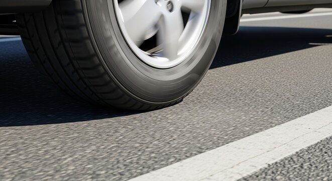 Close-up of car tire on anti-skid road surface showing tire tread and concrete texture. This image highlights the importance of safe driving on anti-skid surfaces.