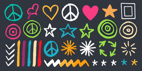 Colorful hand drawn doodles of various shapes and symbols on a dark background