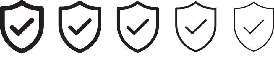 Shield check mark icon set security protection verification safety approval black and white. security icon with check mark and lock sign © MDParveg