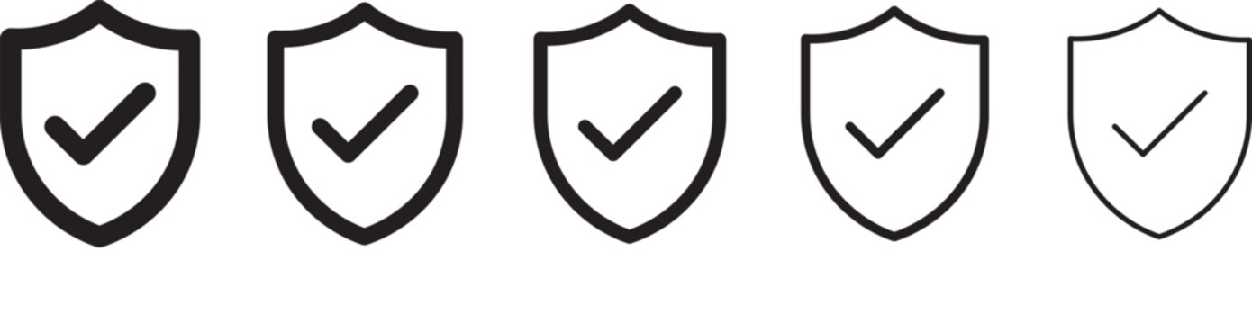 Shield check mark icon set security protection verification safety approval black and white. security icon with check mark and lock sign