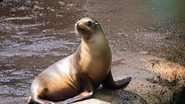 Sea Lion Resting on a Rock Near Water in Sunlight.