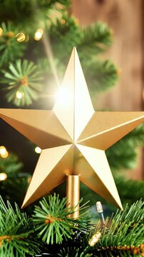 Elegant gold star topper adorns a lush Christmas tree sparkling with warm fairy lights and creating a festive magical holiday atmosphere for seasonal decor
