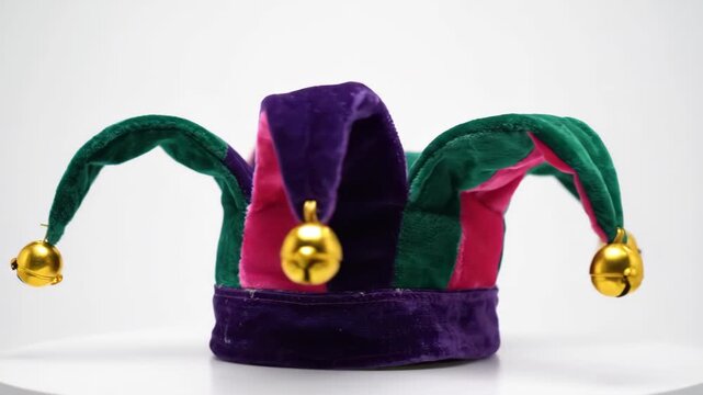 Colorful velvet jester hat with golden bells on white background