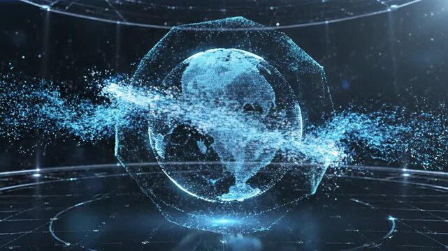 Abstract digital globe illustrating global data network, artificial intelligence, and advanced technology. Concept of future connectivity, secure communication, big data analytics, and digital...