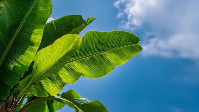 Green banana leaves against a vibrant blue sky with fluffy white clouds