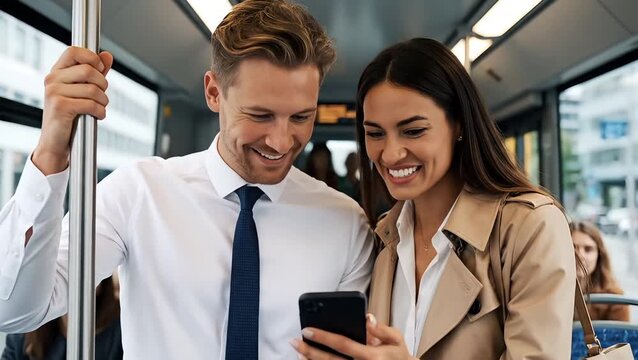 A happy young couple smiles at each other on public transport while holding a phone