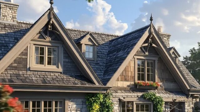 A charming house with a stone facade, wooden roof, and dormer windows under a bright blue sky.