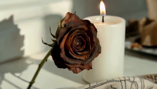 Artistic still life featuring dried rose placed beside lit candle under soft natural daylight emphasizing texture warmth emotional depth captured elegant ultra high resolution 