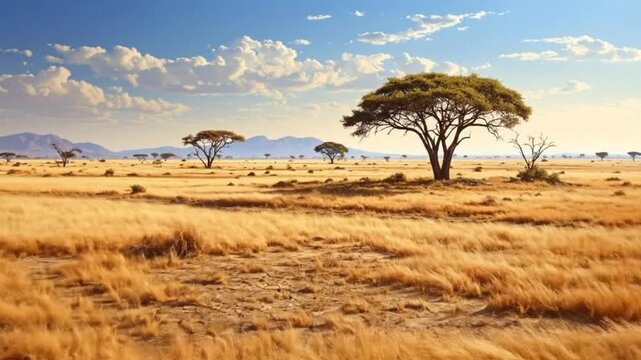 Scenic view of the African sav with acacia trees under a bright blue sky and f clouds.