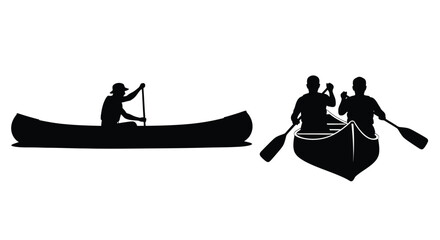 Two canoes with people paddling on water a striking silhouette © MSTALYA