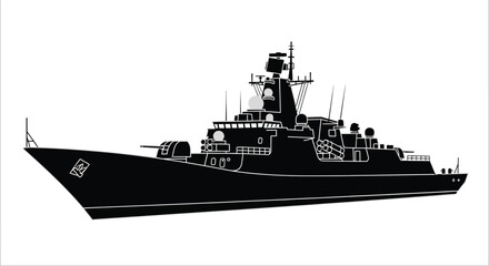 A striking black silhouette of a modern naval destroyer with detailed structures against a white background silhouette high quality professional elegant © FAM