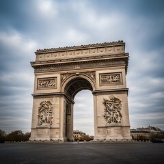 A grand stone arch stands tall in a wide, empty plaza under an overcast sky. Ornate sculptures adorn the structure's facade