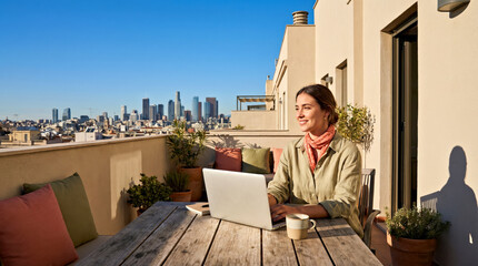 Fototapeta premium Woman working on laptop at outdoor table on balcony with city skyline view, potted plants and cushions visible in bright sunlight