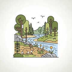 Obraz premium A linear illustration of a woodland scene featuring a rabbit, river, trees, rocks, flowers and birds