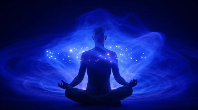 Silhouette of a man meditating in a dark room, blue and purple light waves vibrate from his body, energy particles pulsate following the rhythm of the frequency, cinematic, spiritual aura, slow motion