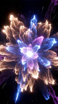 Ethereal Floral Burst Abstract digital art showcasing a luminous flower explosion with swirling blue and purple hues against a stark black background evoking magic and wonder