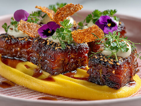 Glazed pork belly cubes are served on a vibrant yellow puree, topped with a dollop of white sauce, toasted sesame seeds, microgreens, and a large crispy tuile for dramatic height.
