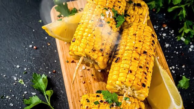 Grilled corn on the cob with lemon and parsley served on a wooden board against a dark background.