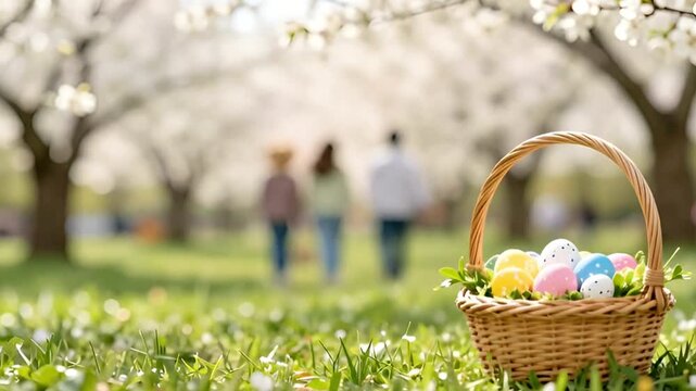 Wicker basket with colorful decorated eggs placed in a park. Family consisting of a woman, a man and a child walking in the background of a spring garden. Easter.