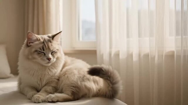 A fluffy cat lounges indoors near a window with sheer curtains.