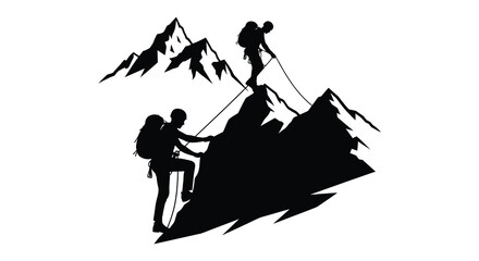 Two mountaineers assist each other while climbing a rugged mountain range depicted in striking silhouette high quality professional detailed modern elegant © FAM