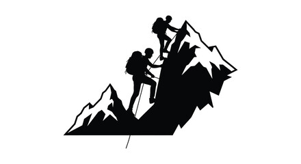 Two climbers scaling a jagged mountain range connected by ropes depicted in a striking black silhouette high quality professional detailed modern © FAM