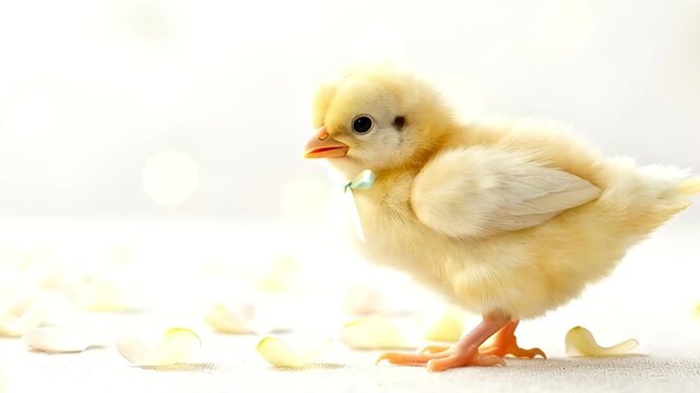 Little fluffy yellow chick walking slowly on white background. Cute newborn bird for Easter celebration. Animal life in spring season and holiday greeting concept.