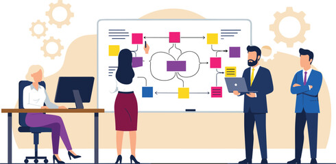 Business teamwork presentation illustration with professionals collaborating around whiteboard flowchart using laptops discussing project management workflow planning © IconicCreations