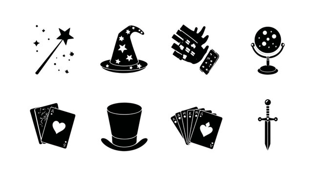Magic icon vector set featuring a wizard hat, wand, playing cards, crystal ball, top hat, and illusion elements. Fantasy design symbols.