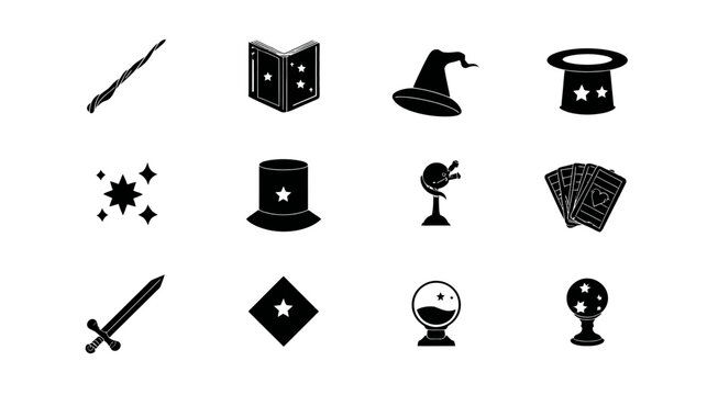 Collection of magic and fantasy themed vector icons: wizard hat, wand, spellbook, crystal ball, playing cards, and sword silhouettes.