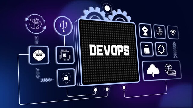 Futuristic devops interface for continuous integration tutorials, digital network optimization and global software delivery