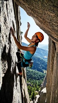 Female rock climber ascends a steep cliff face with determination and focus enjoying an exhilarating outdoor adventure with stunning mountain views in the background