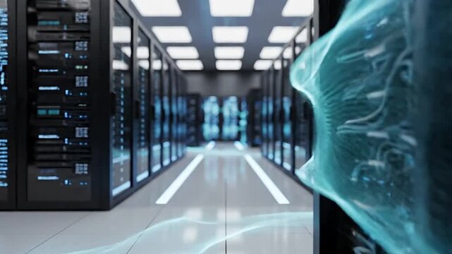Digital AI entity in a data center, symbolizing advanced artificial intelligence and big data processing. Represents future technology, machine learning, cloud computing, and smart automation for...